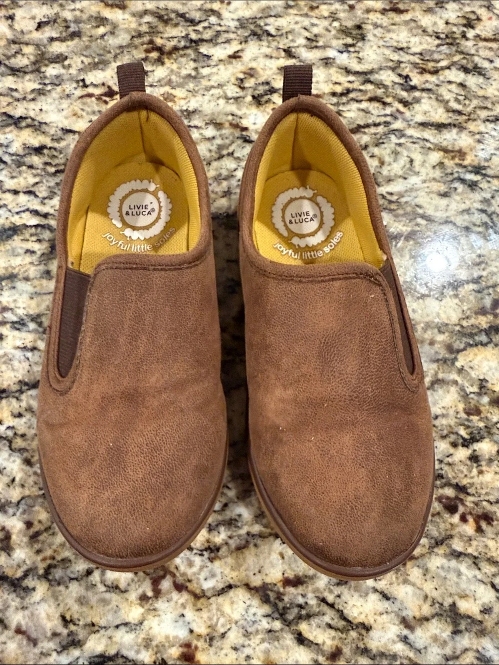 Size 12T Livie & Luca Brown Suede-Look Slip-On Sneakers with Yellow Insole EEUC